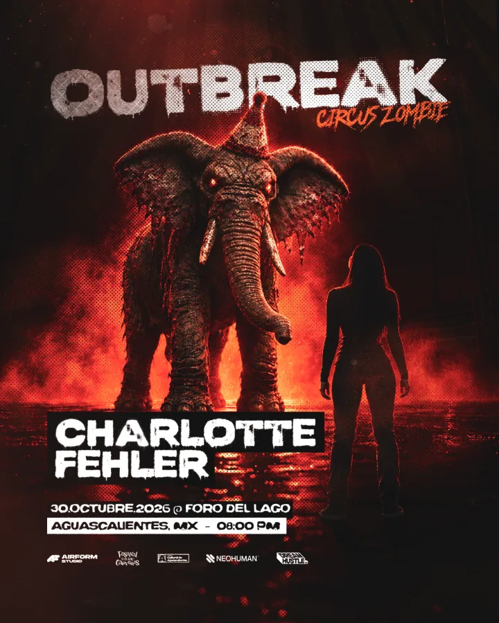 Post de Charlotte Fehler: su silueta frente al elefante zombi.