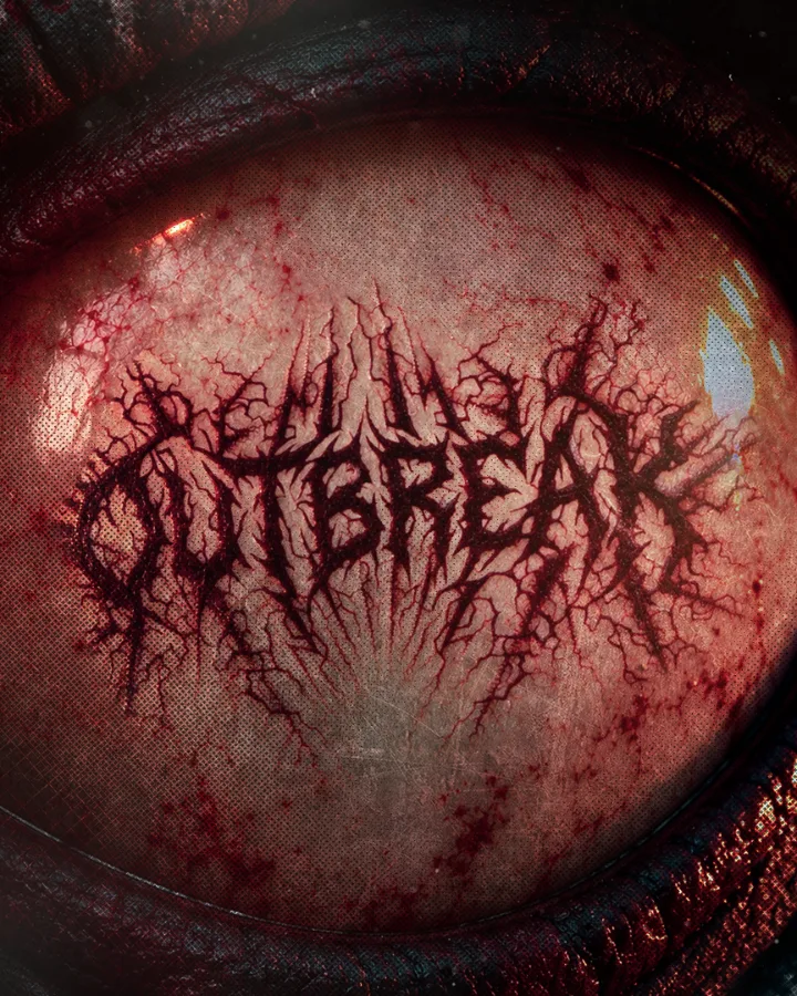 Un ojo inyectado de sangre con el logotipo de OUTBREAK dibujado en sus venas.