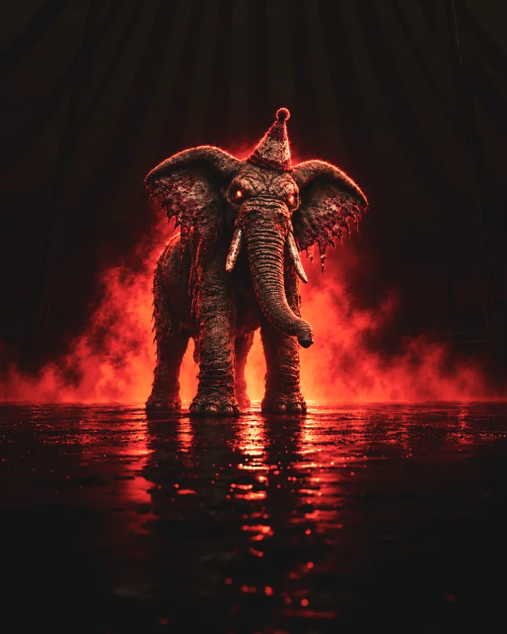 El elefante zombi con gorro de fiesta entre niebla roja, sin textos.